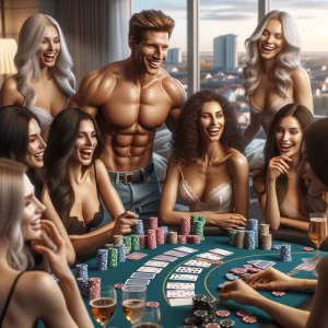 Ragazze che giocano una partita di strip poker contro uno spogliarellista durante un addio al nubilato